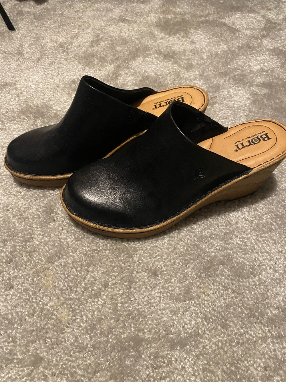 Born Black Leather Wedge Clogs with Tan Sole